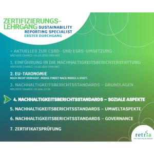 Post zur Ankündigung des nächsten Moduls 'Sustainability Reporting Specialist' mit Fokus auf soziale Aspekte der Nachhaltigkeitsberichterstattung.
