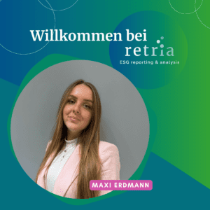 Ein Foto von Maxi Erdmann, kreisrund ausgeschnitten. Darüber steht in weißer Schrift: Willkommen bei retria. Der Hintergrund ist ein blaugrüner Farbverlauf.