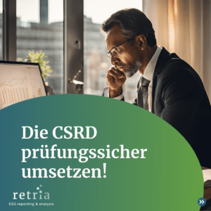 Ein Mann sitzt nachdenklich vor dem Computer. In der unteren Hälfte des Bildes ist in einem grün-blauen Kreis in weißer Schrift der Titel: "Die CSRD prüfungssicher umsetzen!"