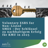 In der Mitte steht auf türkisem Hintergrund in weißer Schrift: Voluntary ESRS for Non-Listed SMES –Der Schlüssel zu nachhaltigem Erfolg für KMU in 2025