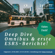 In der oberen Hälfte ein Omnibus und darunter ein Banner, das 'Deep Dive Omnibus und erste ESRS-Berichte!' in weiß auf grün-blauem ovalen Hintergrund zeigt.