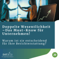 Zwei Personen im Hintergrund, die sich die Hand geben, mit einem Diagramm im Vordergrund, das einen steigenden Trend zeigt. Text: Doppelte Wesentlichkeit – Das Must-Know für Unternehmen! Warum ist sie entscheidend für Ihre Berichterstattung?