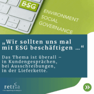 Tastatur mit ESG-Taste und Text „Wir sollten uns mal mit ESG beschäftigen ... Das Thema ist überall – in Kundengesprächen, bei Ausschreibungen, in der Lieferkette.“