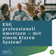 Oberes Drittel zeigt zwei Frauen und einen Mann bei einem Meeting. In der Mitte steht in weißer Schrift auf türkisem Hintergrund: "ESG professionell umsetzen - mit einem klaren System!"