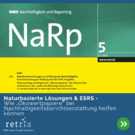 Abbildung der NaRp-Ausgabe in der oberen Hälfte des Bildes. Untere Hälfte, in weißer Schrift auf blauem Grund: "Naturbasierte Lösungen & ESRS - Wie „Ökowertpapiere” bei Nachhaltigkeitsberichtserstattung helfen können"