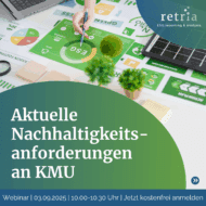 Person arbeitet an ESG-Dokumenten mit nachhaltigen Symbolen und Diagrammen, Webinar-Ankündigung für KMU