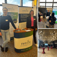 Collage vom Circular Saxony Event: Retria-Stand mit ESG-Angeboten, Gespräche mit Teilnehmenden und Blick in den Veranstaltungsraum.